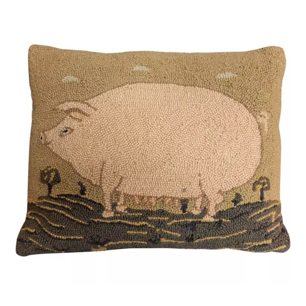 Vintage Primitive Hand Hooked Wool Pig Pillow